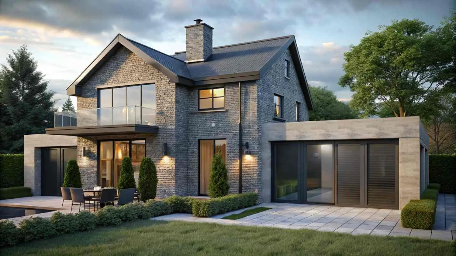 Two storey home lit up at dusk